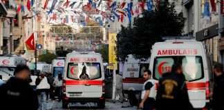 View of ambulances at the scene after an explosion on busy pedestrian Istiklal street in Istanbul, Türkiye, Nov. 13, 2022.